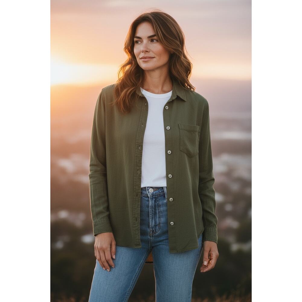 NWT Lola River Barry Button Up Long Sleeve Top Women's Medium Tencel Olive Green